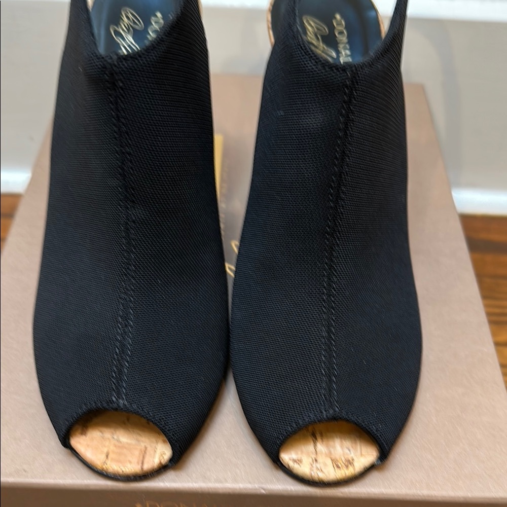 Black Peep-Toe Elastic and Cork Wedge Sandals